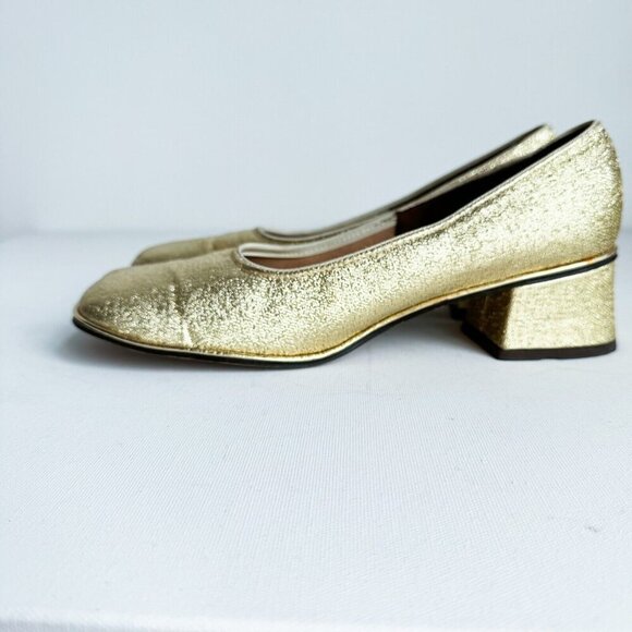 Vintage 70s Teen Dream Gold Lurex Square Toe Evening Heels 10AA - Picture 10 of 11